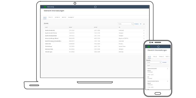 Eventmanager Anwendung auf Laptop und Mobilephone